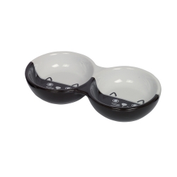 NOBBY: CERAMIC Double Bowl Cat FACE Black-White