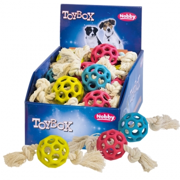 NOBBY DISPLAY: RUBBER fence Ball w/ ROPE assorted colours