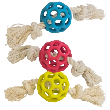 NOBBY DISPLAY: RUBBER fence Ball w/ ROPE assorted colours