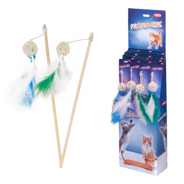 NOBBY DISPLAY: Wooden ROD with rattan ball & feather x12